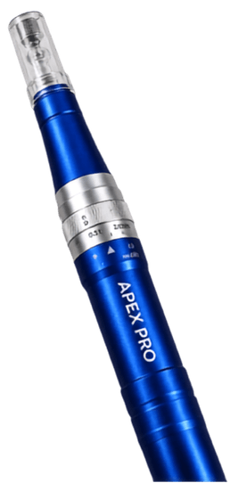 The Apex Pro microneedling handpiece, showing its cobalt blue anodised body and silver depth-adjustment ring.